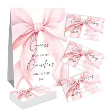Imagem de Placa Guess How Many Candies (1 placa de pé e 50 cartões de adivinhação) Kit de cartas de jogo de atividades com tema de arco rosa para chás de bebê, festas de recém-nascidos, chá de noivado de