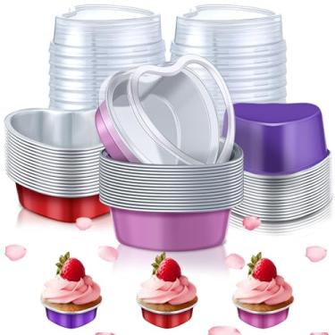 Imagem de 45 formas de bolo em forma de coração, para o Dia dos Namorados, xícara de cupcake de alumínio com tampas de 100 ml, copos de assar para Natal, Dia dos Namorados, casamento, festa de aniversário