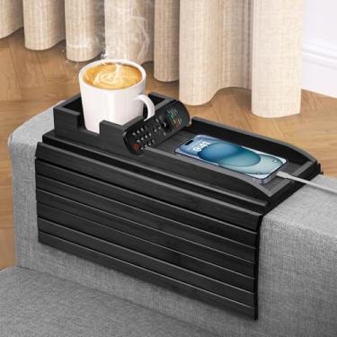 Imagem de FUNKYLEE Mesa de apoio de braço de sofá de bambu, bandeja de braço de sofá com suporte removível para copo de sofá, design 2 em 1, dobrável, antiderrapante, bandeja de braço de sofá de bambu para