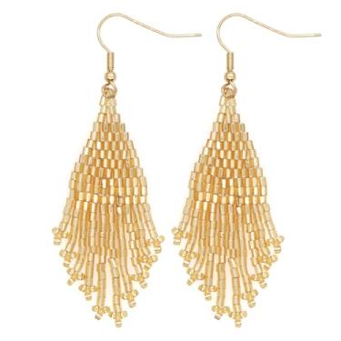 Imagem de EQUBIO Brincos de borla com contas douradas, contas de sementes de corneta facetada, joias pendentes de franja longa para mulheres