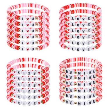 Imagem de SXoonKing 24 peças de pulseiras de amizade para o dia dos namorados, presentes de Dia dos Namorados para mulheres a granel – Pulseira de coração rosa com contas elásticas de argila de polímero para