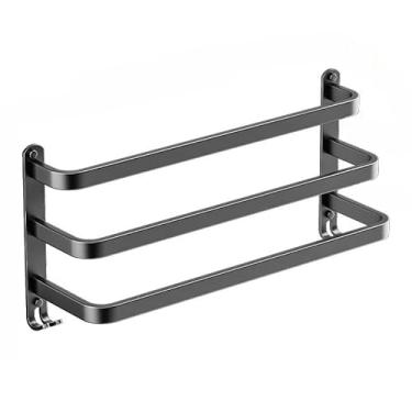 Imagem de Toalheiro de Banheiro Duplo Sem Furo – Suporte Preto ou Cinza Escuro, Organizador de Banho Resistente(3T-Cinza)