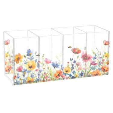 Imagem de CEBUGI Porta-lápis de acrílico transparente com 4 compartimentos, organizador de pincéis de maquiagem de flores silvestres em aquarela, para armazenamento em mesa de escritório em casa