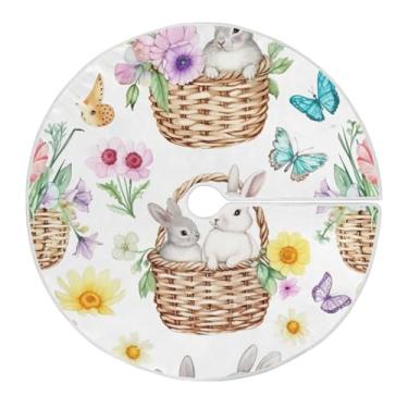 Imagem de Qilmy Saia de árvore de Natal com ovos e coelhos de páscoa 90 cm, camurça para árvore de Natal, adequada para decoração de armário em ambientes internos e externos, festas, escritórios, lojas