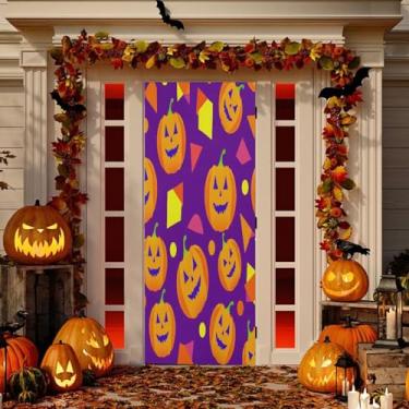 Imagem de Wassud Graffiti Halloween Pumpkin Door Cover Decoration Outdoor Indoor Banner Varanda Decoração de casa Grande Decoração de porta da frente 96 x 98 polegadas