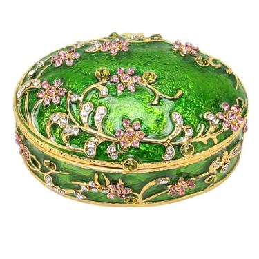 Imagem de Caixa de berloques de flores pintadas à mão, detalhes realistas clássicos, caixa de armazenamento de joias com dobradiças para anéis, brincos, decoração, presente, liga de zinco (Verde)