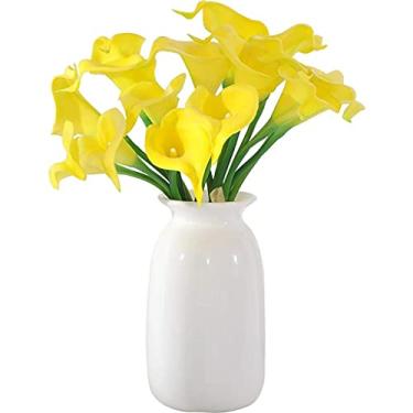 Imagem de LMJYU Flores artificiais, ramo de flores artificiais de lírio de calla, arranjo de flores falsas com vaso de cerâmica