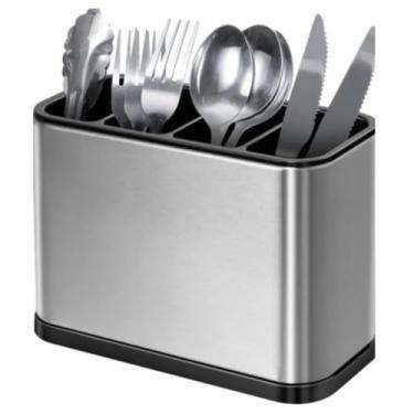 Imagem de Organizador de Talheres em Aço Inoxidável, 4 Compartimentos, Base Removível com Drenagem, Cinza, 52x35cm, Montagem Sem Ferramentas