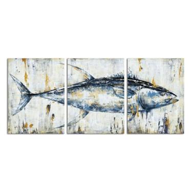 Imagem de Saypeacher Arte de parede em tela de peixe moderna pintura náutica azul e dourado impressão abstrata de atum 30 x 40,6 cm x 3 peças