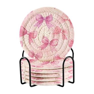 Imagem de SEHANY Conjunto de 6 porta-copos com laço rosa fofo com suporte, porta-copos redondos absorventes de algodão resistente ao calor para mesa de jantar, canecas de café, 10 cm