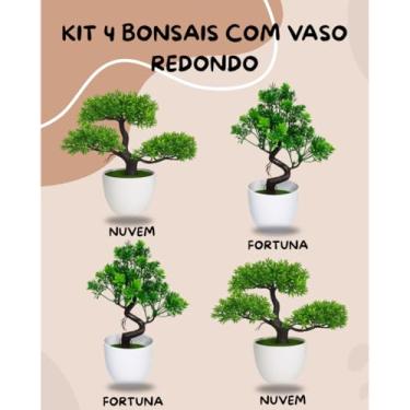 Imagem de Genérico, Kit 4 Plantas Bonsais Artificiais Realista – Mini Jardim Zen Verde em Vasos Redondos Fortuna e Nuvem