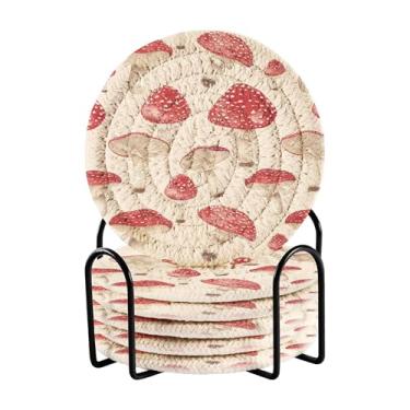 Imagem de SEHANY Conjunto de 6 porta-copos de cogumelos florestais com suporte, porta-copos redondos absorventes de algodão resistente ao calor para mesa de jantar, canecas de café, 10 cm