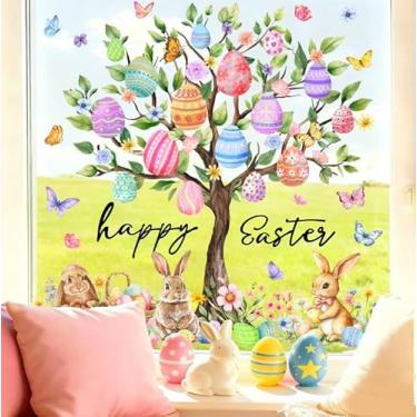 Imagem de Whaline Decalque para janela de Páscoa com 6 folhas, grande, coelho, ovo, árvore, reutilizável, anticolisão, decoração para primavera, férias, casa, sala de aula, escritório, artigos de festa