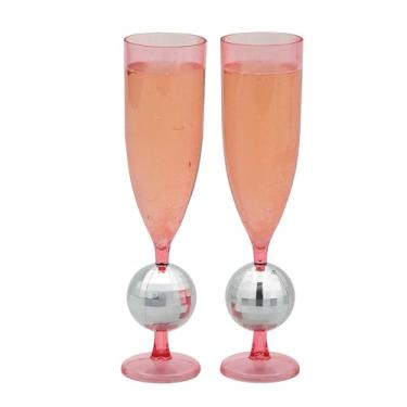 Imagem de 23 cm, 170 g, haste de bola de discoteca, prata, taças de champanhe de plástico rosa - 12 peças