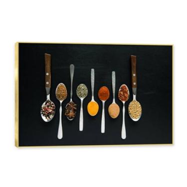 Imagem de NHLDZYH Moldura dourada. Arte de parede em tela de especiarias coloridas e colher de tempero | Decoração de cozinha vintage | Arte moderna para casa e sala de jantar. B43. 80 x 120 cm - 31,5 x 47,3