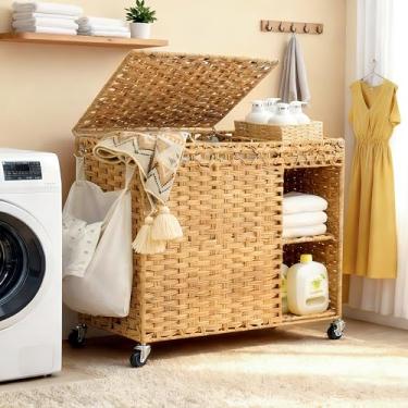 Imagem de Heybly Cesto de roupa suja com rodas, cesto de roupa de vime de vime de vime de 160 L com tampa, cesto de roupa de 2 seções tecido à mão com forro removível (107 litros), classificador de roupas com
