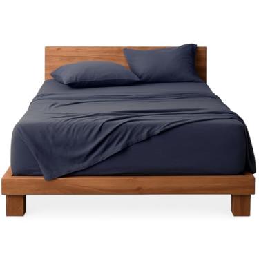 Imagem de Decolab Jogo de Lençol Malha 100% Algodão Extra Macio - Roupa De Cama Antiácaro, Inclui Lençol Com Elástico (Forro) E Fronhas (Azul-marinho, Queen Completo)