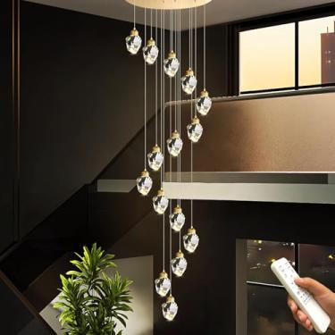 Imagem de Lustre de cristal LED regulável, elegante, em espiral dourada, com cristais transparentes. Luminária de teto embutida, pendente para escada, ideal para sala de estar, quarto e sala de jantar
