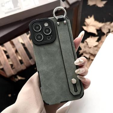 Imagem de IRTGFG Para iPhone 16 Pro Max, alça de mão, capa de couro macio, suporte de anel, pulseira fosca, suporte para celular (para iPhone 16 Pro Max/verde)