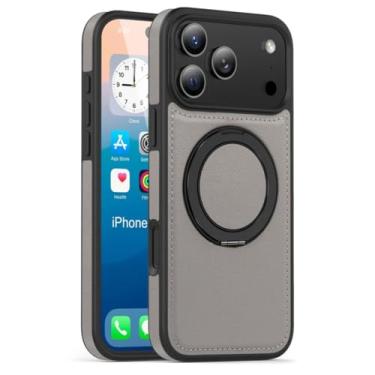 Imagem de SFDSUH Capa de couro para iPhone 16 Pro Max com suporte magnético giratório 360° em metal (para iPhone 16 Pro Max/Cinza)