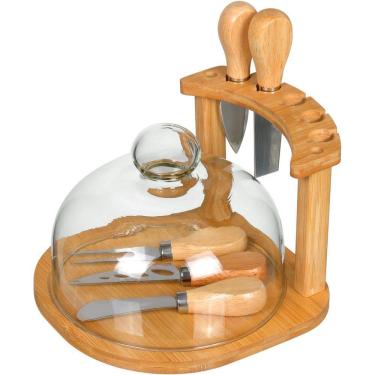 Imagem de Jogo 7 Peças Para Queijo Home&co Com Tampa De Vidro Bambu