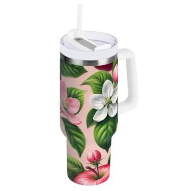 Imagem de Copo à prova de vazamento de 850 g, copos com isolamento duplo de flores e frutas com alça e canudo