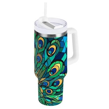 Imagem de Copo grande com isolamento de penas de pavão azul com tampa e canudo, copo isolado a vácuo de aço inoxidável