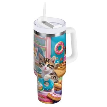 Imagem de ODAWA Copo isolado duplo rosa Kitten Donuts com alça e tampa de palha, copo isolado grande