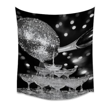Imagem de Torre de champanhe preto branco bola de discoteca arte de parede glamourosa vintage estética bar carrinho impressão para sala de estar quarto sala de estar cozinha entrada estúdio celebração festiva