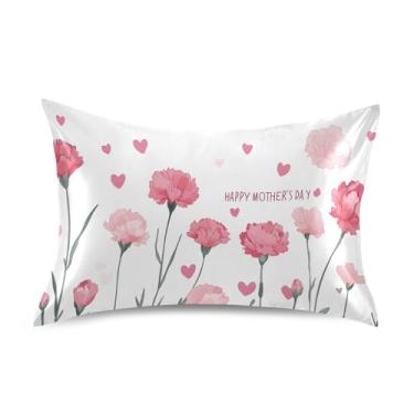 Imagem de Wassud Feliz Dia das Mães Cravos e Coração Fronha de Cetim para Cabelo e Pele Fronhas de Seda Lisa Tamanho Padrão Capas de Travesseiro Respiráveis com Fecho de Envelope