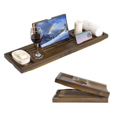 Imagem de Bandeja de banheira de teca de luxo – Suporte de banheiro dobrável com alças expansíveis, suporte para copo de vinho e telefone, suporte para livros – Melhore a experiência de spa em casa com material