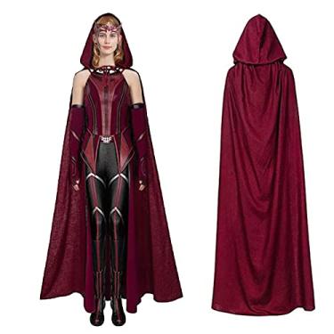 Imagem de CAFELE Fantasia Wanda Maximoff Vestido Escarlate Coroa de Bruxa Chapéu Manto Vermelho Calças Cinta Luvas Halloween Cosplay Conjunto Completo (G)