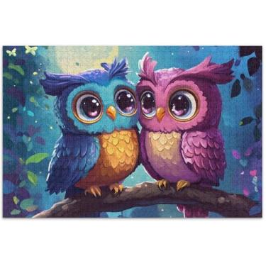 Imagem de Quebra-cabeças de coruja fofa, casal, pássaros, 500 peças, presentes engraçados para adultos, arte personalizada, pintura animal, 51 x 35 cm