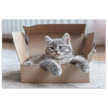 Imagem de Pequeno gatinho relaxante em caixa de papelão, quebra-cabeça de 500 peças, presentes para amantes de quebra-cabeças, decoração de pintura exclusiva
