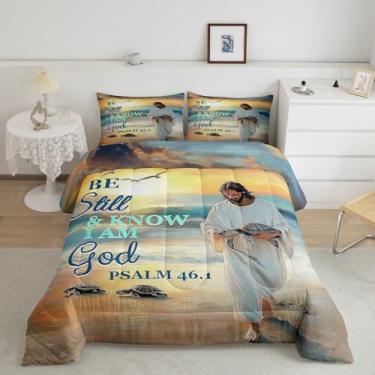 Imagem de Homewish Conjunto de edredom Queen com versículos da Bíblia, oceano, praia, 3 peças, para decoração de quarto de crianças, meninos, meninas, adolescentes, versículos da Bíblia, capa de edredom com