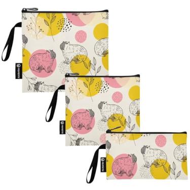Imagem de Rosa Amarelo Capivaras Bege Reutilizáveis Lanche Sacos de Lanche Tecido Lavável Bolsa de Armazenamento de Alimentos com Zíper para Crianças Estudantes Adultos (conjunto de 3: P/M/G)