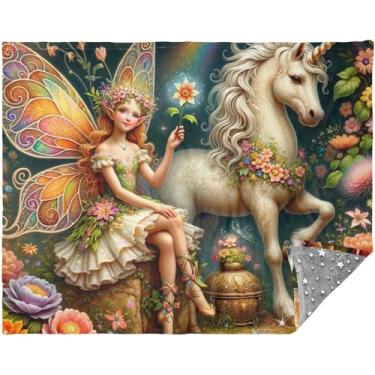 Imagem de TSENQUE Manta personalizada de flores de unicórnio para sofá, cobertor grande para homens e mulheres, 177,8 cm x 139,7 cm, cobertor de viagem de animais