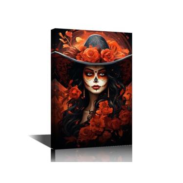 Imagem de TUMOVO Retrato de menina de caveira de açúcar impresso em tela arte de parede mulher com chapéu e flores vermelhas pôsteres e impressões moldura dia dos mortos decoração de parede arte parede para