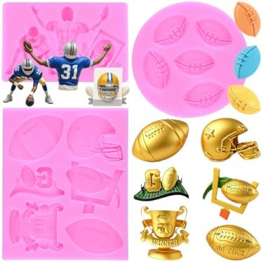 Imagem de MIYAHOUSE Rugby Sports Series Fondant Moldes de silicone para decoração de bolos, topo de cupcake, pasta de goma de chocolate, argila de polímero, conjunto de 3