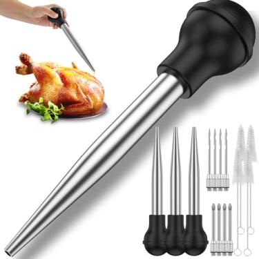 Imagem de Conjunto de 16 agulhas de aço inoxidável para injetor de carne para marinada de peru com 8 agulhas de bulbo de silicone e escova de limpeza para cozinha