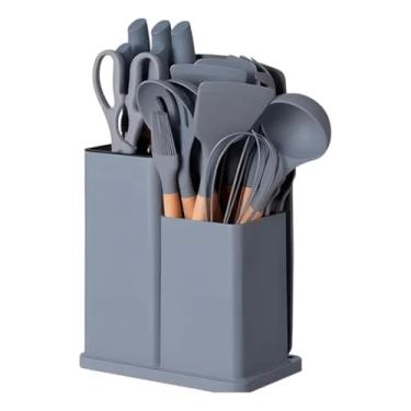 Imagem de Kit de Utensílios de Cozinha premium | 19 Peças: Espatulas, Facas, Tábua | Bambu + Silicone (Cinza,Oval)