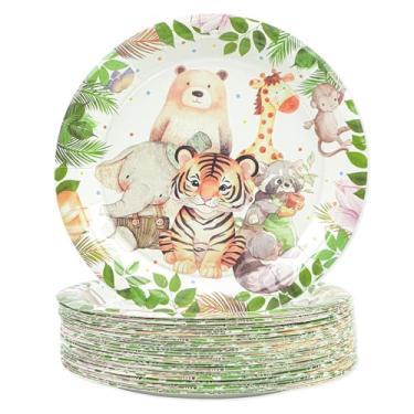 Imagem de HFBOBP 50 peças de pratos de papel de safári para chá de bebê 17,8 cm animais de safári selva pratos de sobremesa descartáveis pratos de festa de aniversário zoológico utensílios utensílios de mesa