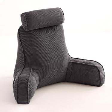 Imagem de CYTJHMD Almofada de leitura, almofada de encosto para cama, almofada de apoio para as costas da cama com encosto de cabeça e braços, capa lavável removível e rolo de pescoço removível, cinza escuro