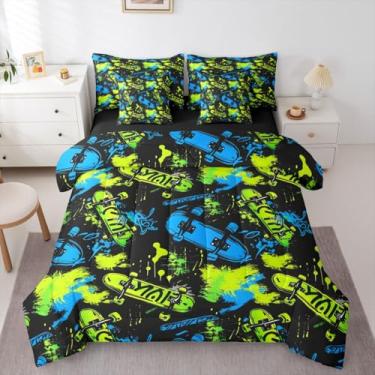 Imagem de Castle Fairy Jogo de cama Queen com desenho animado de skate, 7 peças, azul neon e amarelo graffiti em uma bolsa, estilo hippie, lençol de cima e lençol com elástico, 4 fronhas