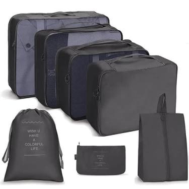 Imagem de Kit Organizador de Mala 7 peças Viagem com Tela Transparente Zíper Resistente Sacos Necessaire Dobrável Compacto Leve (Cinza)