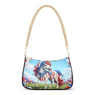 Imagem de Linda bolsa de ombro de corrente com bandeira americana de unicórnio, bolsa Hobo média moderna para mulheres, bolsa de mão com estampa artística