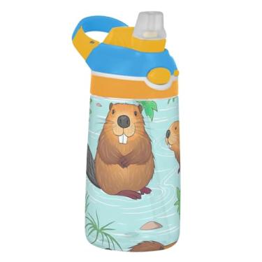 Imagem de Cute Beavers Wildlife Print Animal Garrafa de água infantil de plástico à prova de vazamento de 473 ml com tampa de canudo Tritan Copos de viagem portáteis para crianças reutilizáveis, alça de