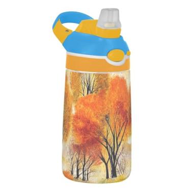 Imagem de Garrafa de água infantil reutilizável de 473 ml Tritan Sports com canudo copo infantil portátil à prova de vazamento, alça de transporte, paisagem rústica de outono vibrante