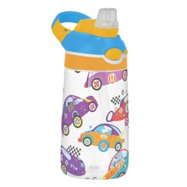 Imagem de Garrafa de água infantil Tritan de 473 ml com tampa de palha, garrafa de água esportiva reutilizável para escola, à prova de vazamento, copo infantil de 473 ml, alça de transporte, carros de corrida