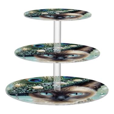 Imagem de Chapéu vintage siamês de penas de gato siamês, suporte de cupcake de 3 camadas, para festa, torre de bolo, exibição de acrílico, suportes de sobremesa, decorações de mesa para festa de casamento